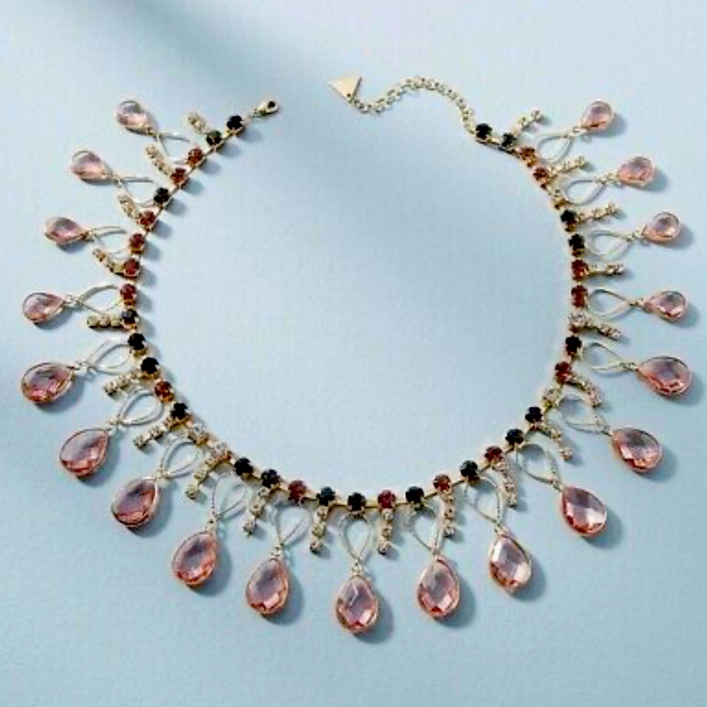 Anthropologie Pink Crystal Teardrop Bib Necklace NWT